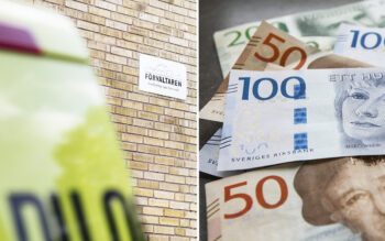 Fasadbild med skylt där det står Förvaltaren, och en bild på kontanter.