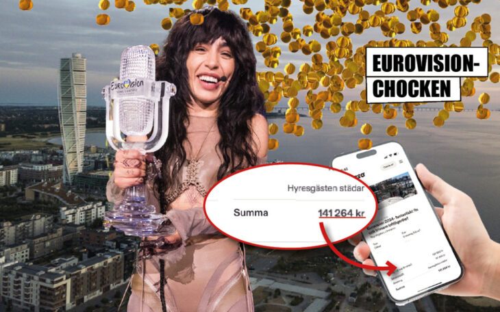 Bild över Malmö och Loreen med vinnarpokalen samt en annons med ockerhyra under Eurovision.