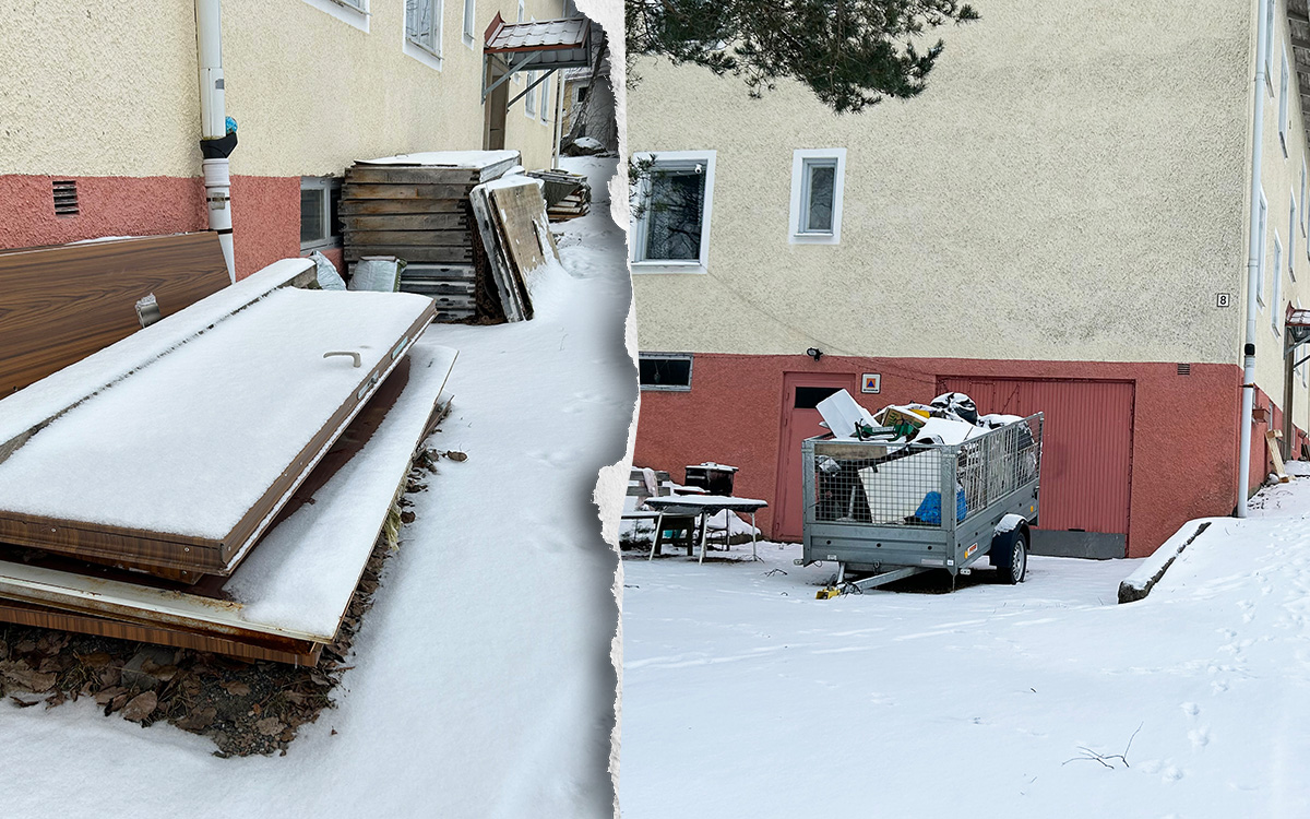 Bilden visar dels översnöade dörrar som ligger staplade utanför ett hus, dels en släpkärra fylld med diverse bråte. Också med snö på.