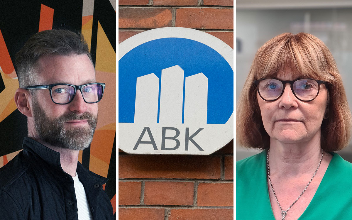 En tredelad bild som visar en man, en kvinna och en tegelvägg med symbolen för ABK, AB Kristianstadsbyggen.