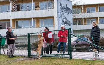 "Fem veckor efter att vi ställt frågan till Strömstadsbyggen var hundrastgården klar", säger Petra Hedström (till vänster i röd jacka) med sin mamma Camilla. Hundägarna Anki Salerud och Linda Hansson uppskattar initiativet.