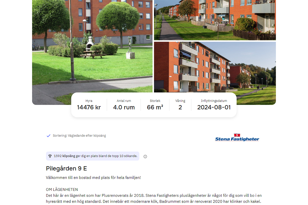 En av Stenas bostadsannonser på bostadssajten HomeQ. Fyran på 66 kvadratmeter i Pilegården renoverades till plusstandard 2018. Hyran är satt till 14 476 kronor, med inflyttning i augusti.