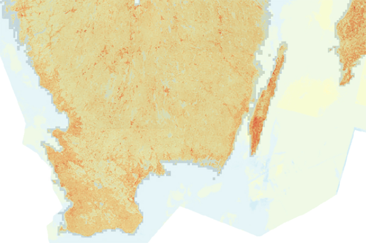 En karta över södra Sverige med gula och röda toner.