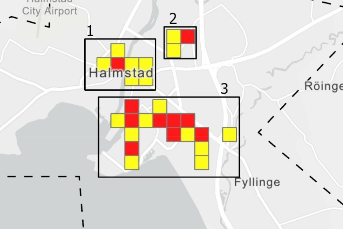 En karta över Halmstad som pekar ut värmeöar.