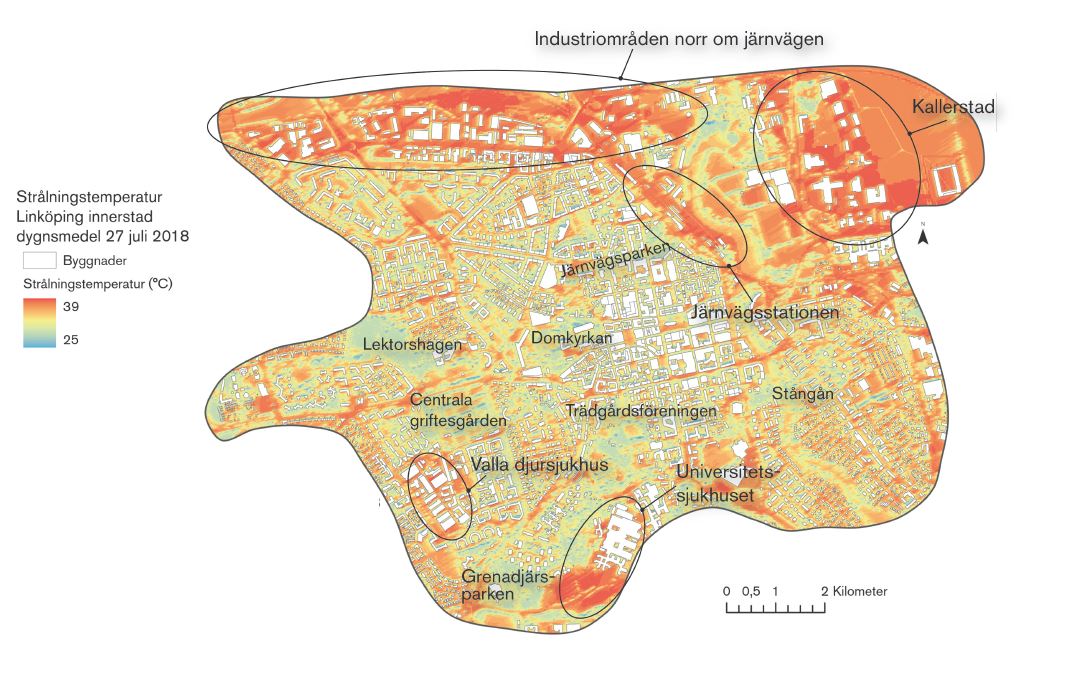 Bilden visar strålningstemperatur i Linköpings innerstad sommaren 2018.