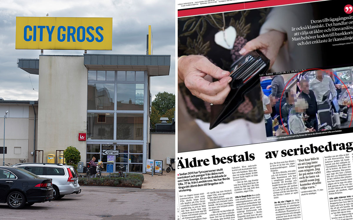 En tvådelad bild: en halva som visar en byggnad med skylten Citygross bakom en parkering, en halva som är ett faksimil av en tidningsartikel med rubriken "Äldre bestals av seriebedragare".