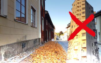 collage som visar ett högt hus och en äldre stadsmiljö med låga hus.