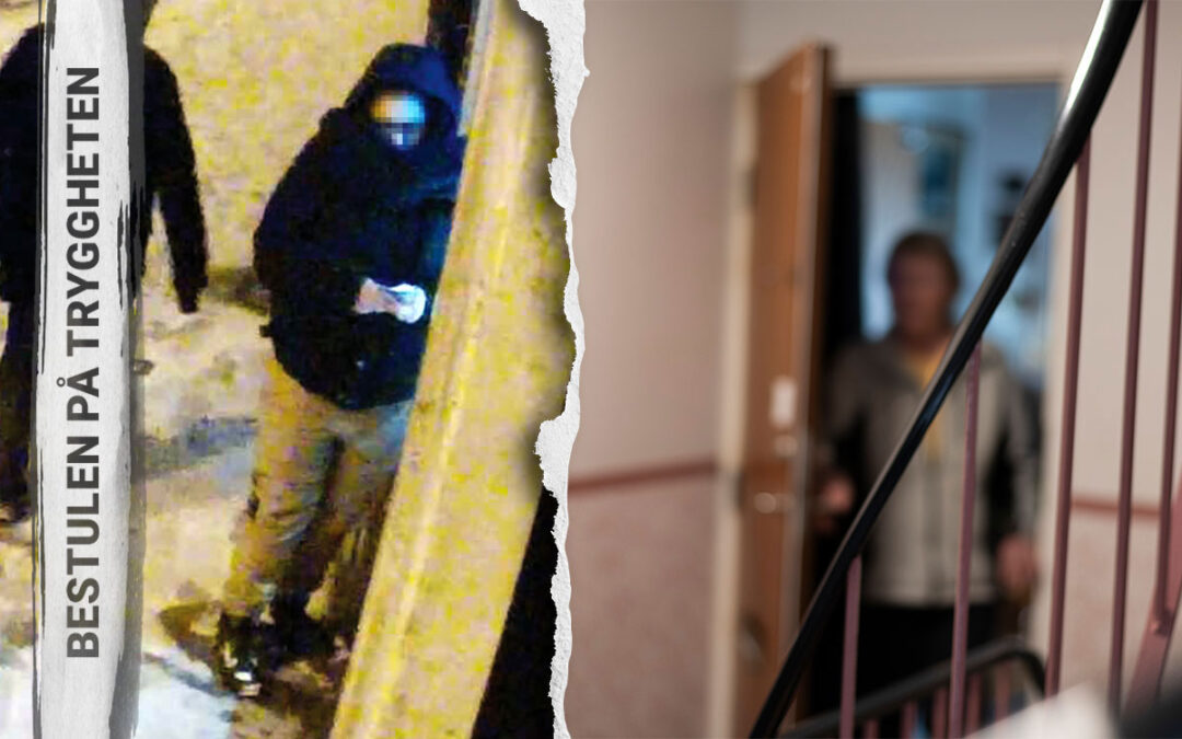 En tvådelad bild med vinjetten "Bestulen på tryggheten" - en övervakningsbild som visar en person med pixlat ansikte som håller någonting i handen medan andra personer går förbi i snön i bakgrunden, samt en kvinna som öppnar en lägenhetsdörr ut mot ett trapphus och i förgrunden en trappa och en ledstång.