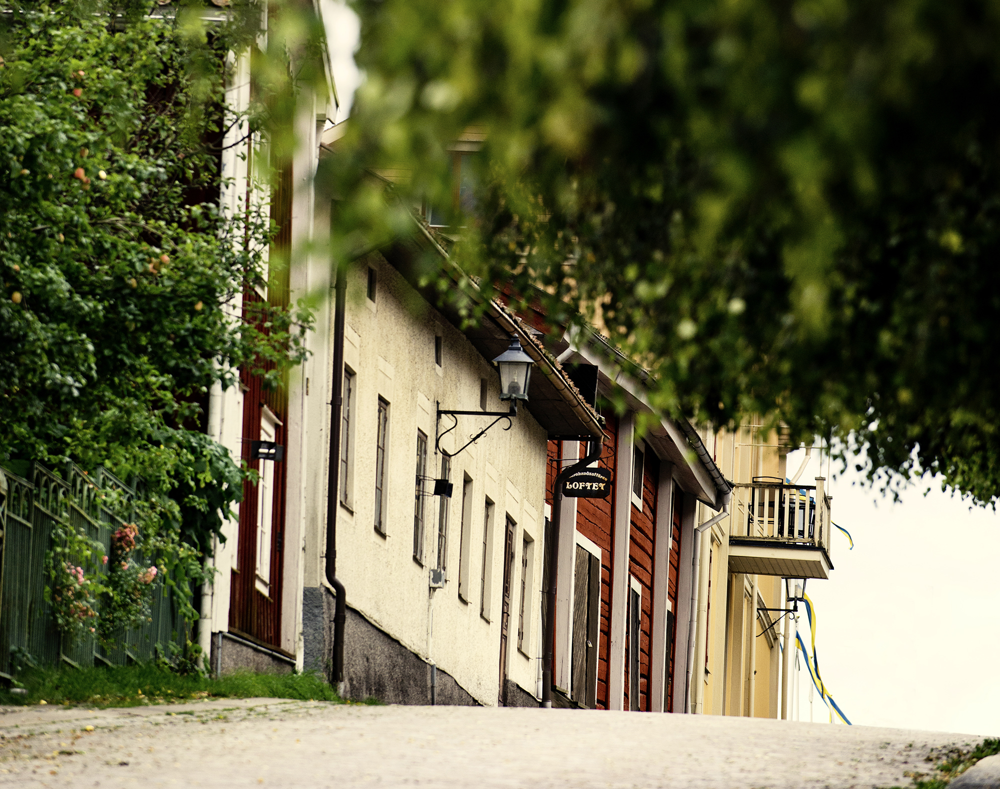 Bild på gammal stadsmiljö i Nora. gamla hus syns i en backe och bilden ramas in av gröna blad från träd och buskar.