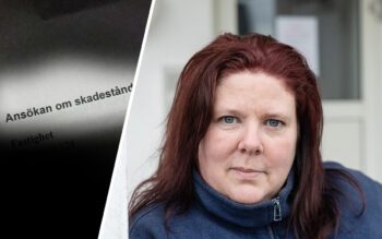 En tvådelad bild. En text med texten skadestånd. En bild på en kvinna som tittar rakt fram.