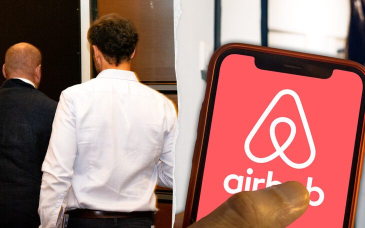 Den 45-årige mannen är först i Sverige med att riskera fängelse för Airbnb-uthyrning. Påbilden är han på väg in i tingssalen på Göteborgs tingsrätt tillsammans med sin advokat.