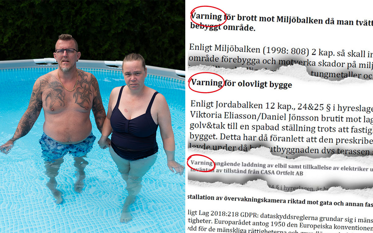 En tvådelad bild: En man och en kvinna som står i en pool med vatten upp till midjan, samt utdrag ur dokument med text som "Varning för brott mot Miljöbalken", "Varning för olovligt bygge", "Varning angående laddning av elbil".