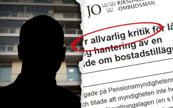 En tvådelad bild som visar en mörk siluett mot en husfasad samt ett faksimil från ett beslut från Justitieombudsmannen med text som "allvarlig kritik", "bostadstillägg" och "Pensionsmyndigheten".