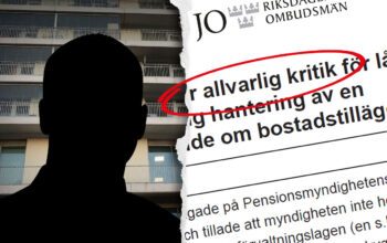 En tvådelad bild som visar en mörk siluett mot en husfasad samt ett faksimil från ett beslut från Justitieombudsmannen med text som "allvarlig kritik", "bostadstillägg" och "Pensionsmyndigheten".