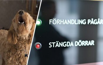 En tvådelat bild. En ylande hund och en skylt med texten: Förhandlings pågår.