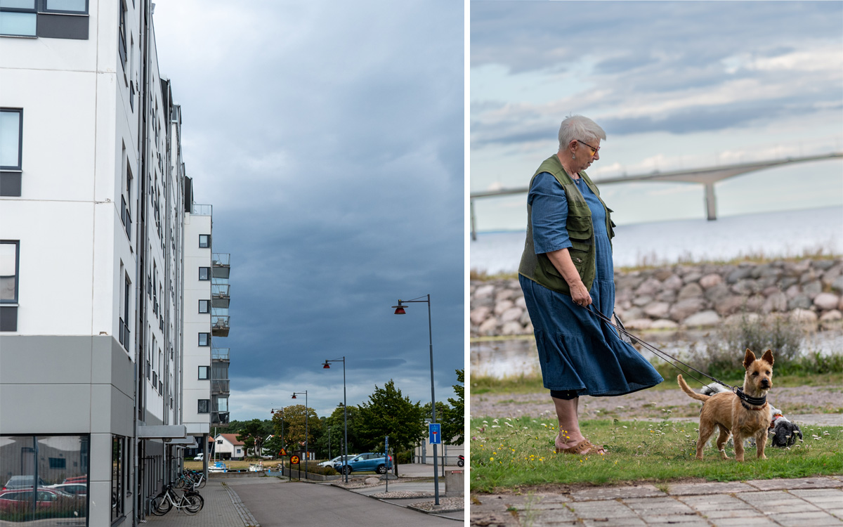 Bilden är ett kollage av två bilder. Den vänstra visar Varvsholmen i Kalmar. Den högra visar Lena Forselius ute på hundpromenad.