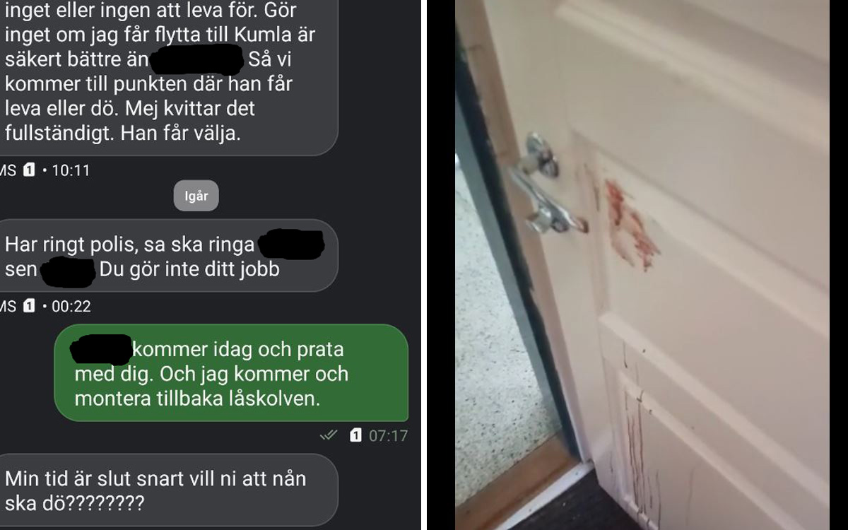 Bilden är ett kollage av två bilder. Den ena visar ett hotfullt sms av hyresgästen. Den andra bilden visare blodstänk på en dörr inne i mannens lägenhet.