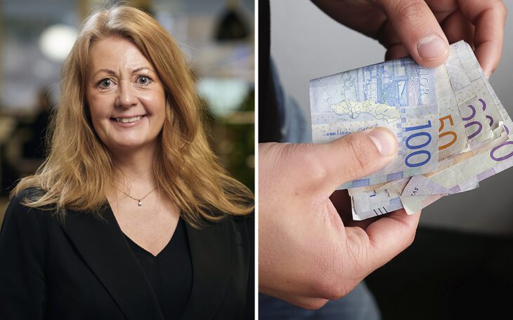 Delad bild: till vänster porträtt på Cathrine Holgersson, vd Gavlegårdarna, i långt ljust hår och mörk överdel, till höger två händer som håller i en bunt sedlar. Gavlegårdarnas hyreshöjning 2025 blir 5,1 procent.