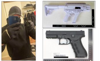 Tre bilder. En på en maskerad person som riktar ett vapen mot kameran, en bild på en pistol och en bild på ett vitt halvfärdigt plastvapen med vissa metalldelar.