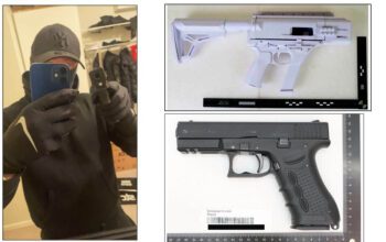 Tre bilder. En på en maskerad person som riktar ett vapen mot kameran, en bild på en pistol och en bild på ett vitt halvfärdigt plastvapen med vissa metalldelar.