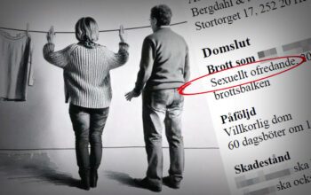 En tvådelad bild med en svartvit illustration som visar hur en man bakifrån närmar sig en kvinna som hänger tvätt på en lina samt utdrag ur en dom med text som "sexuellt ofredande", "villkorlig dom", "skadestånd".