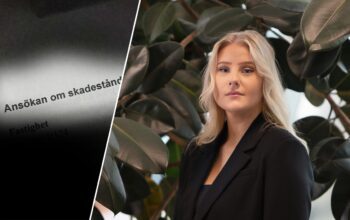 Text med ordet skadestånd. Kvinna som tittar rakt fram.