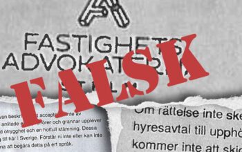 Faksimil från tre olika brev, med texten "FALSK" i stora, röda bokstäver över. I breven skymtar text som "hålla sig till här i Sverige", "begära detta på ert språk", "hyresavtal till upphöra" och "Fastighetsavdokaterna".