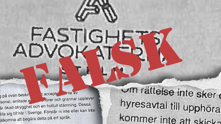 Faksimil från tre olika brev, med texten "FALSK" i stora, röda bokstäver över. I breven skymtar text som "hålla sig till här i Sverige", "begära detta på ert språk", "hyresavtal till upphöra" och "Fastighetsavdokaterna".