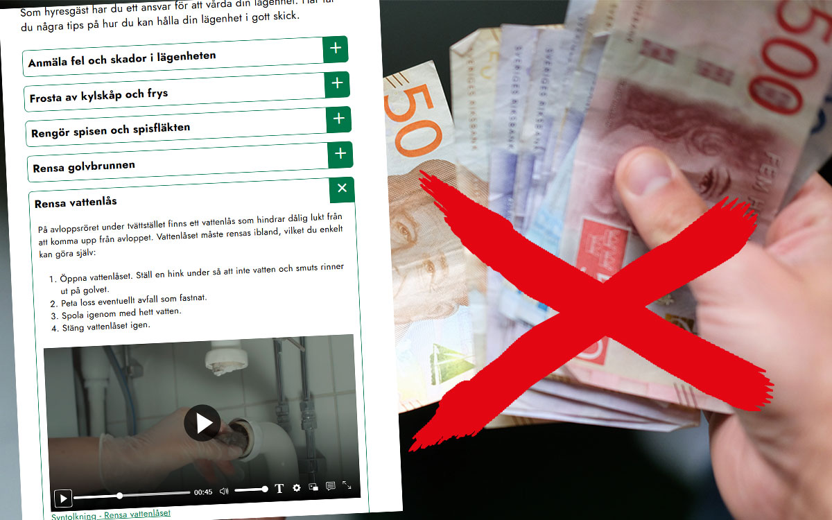 Skärmklipp från Eksjöbostäder med instruktioner om att rensa vattenlås, kombinerat med foto på pengar med ett rött kryss över.