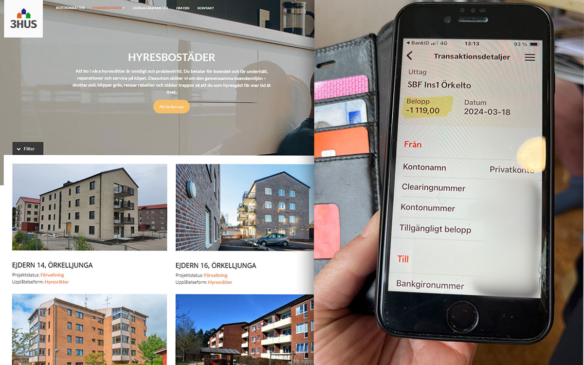 Skärmbild från 3hus som lovar problemfritt boende, samt kontoutdag med betalning på 11