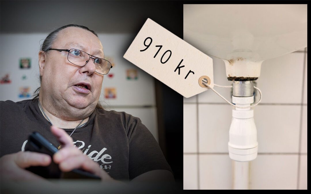 Bild på Bo Nåbäck och ett vattenlås med en prislapp på, där det står 910 kronor.