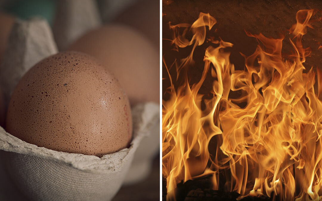 Tvådelad bild: Till vänster närbild på ljusbruna hönsägg i en äggkartong. Till höger: eldslågor. En hyresgäst dömdes för att ha orsakat en spisbrand, men slapp skadestånd eftersom bostadsbolagets vd inte hade rätt att färeträda bolaget utan fullmakt, enligt tingsrätten. Det finns dock fler chanser för bolaget att kräva in skadestånd.