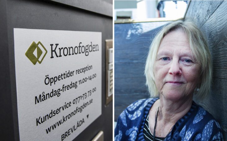 Tvådelad bild. Till vänster: Kronofogdenskylt med öppettider och telefonnummer. Till höger: Porträtt på Annika Backlund, som har blont halvlångt hår och en blåmönstrad tröja. Annika Backlunds bolag har ekonomiska problem och skulder som gått till Kronofogden.