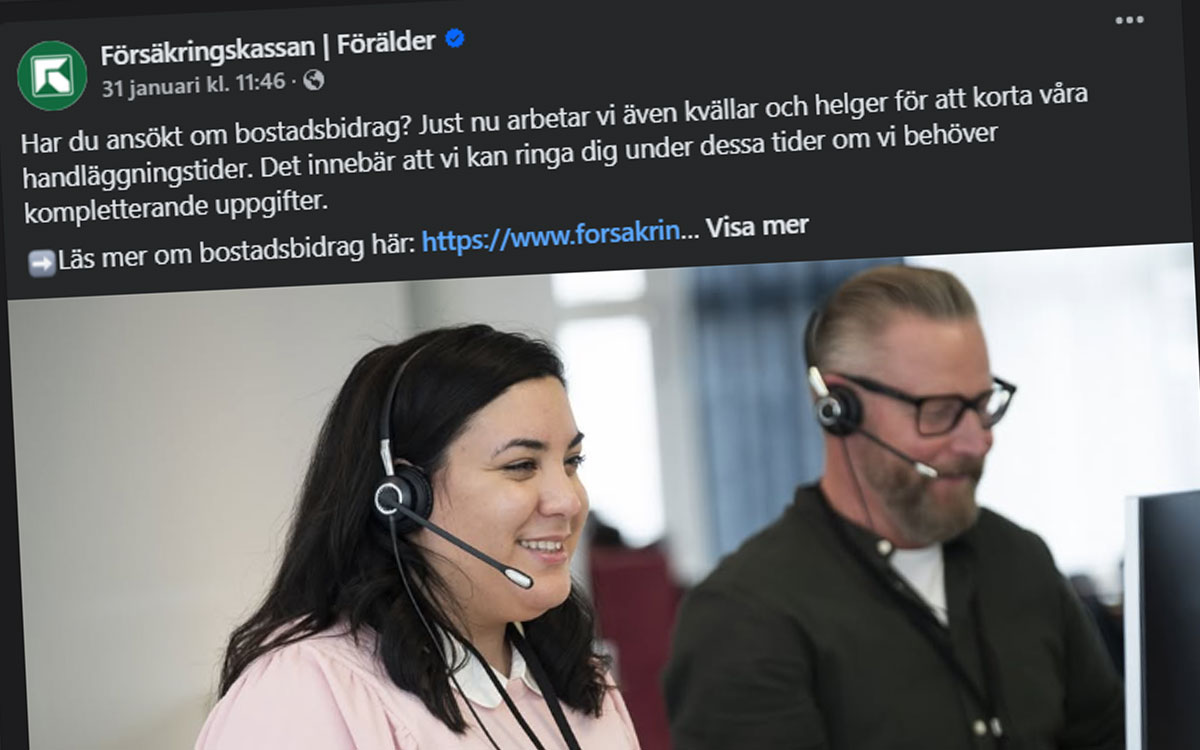 Skärmdump från Facebook där Försäkringskassan informerar om att de arbetar kvällar och helger för att korta väntetiden.