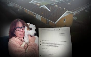 Ett kollage som visar en kvinna som håller i en hund, ett gult tegelhus sett uppifrån samt ett brev från L. Jacobsens Fastighets AB och med texten "Vi meddelar härmed att hyresvärden beslutat att ändra er bostad till kontor".