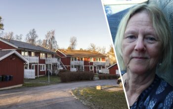 Tvådelad bild: Till vänster ett område med röda trähus i två våningar, solen står lågt på himlen men en del av gångvägen genom området är i solen. Till höger infälld ett porträtt på Annika Backlund, närbild, i ljust hår och blåmönstrad tröja.