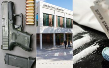 Tredelad bild: På den vänstra delen syns en pistol och ammunition. I mitten syns en bil på Eskilstuna tingsrätt, exteriör. På bilden syns ett rakblad och strängar av narkotika på ett bord.