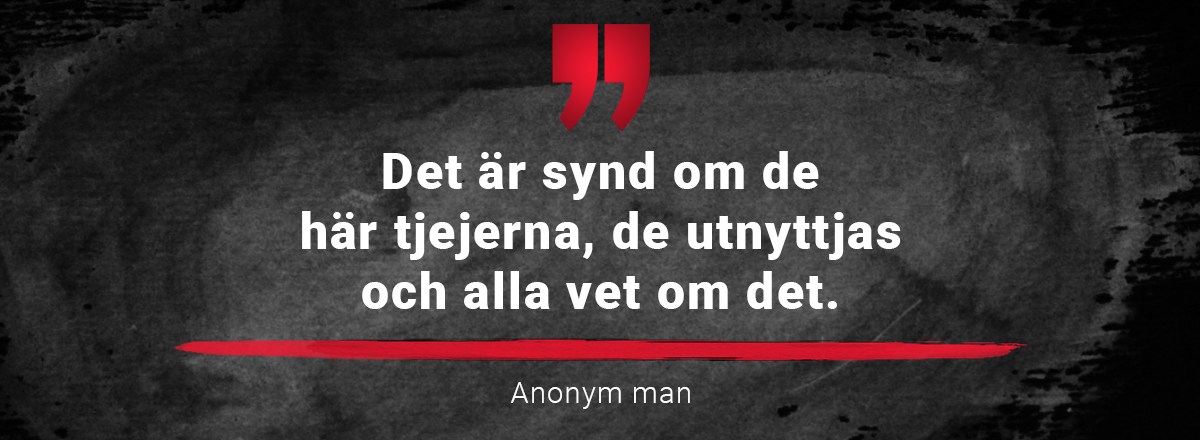 Bild som består av text i form av ett citat: Det synd om de här tjejerna, de utnyttjas och alla vet om det. (anonym man)