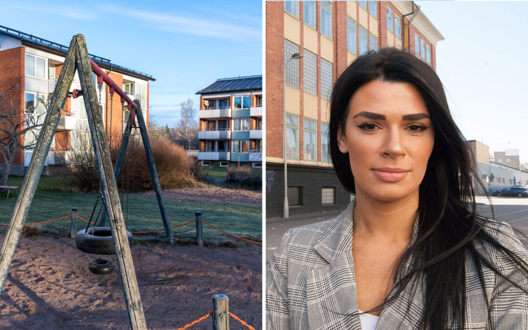 Bilden är en split av två bilder. Den till vänster visar en fastighet i Lessebo ägd av Lindsrtröm property. Den till höger visar Ena Hodzic, jurist hos Hyresgästföreningen.