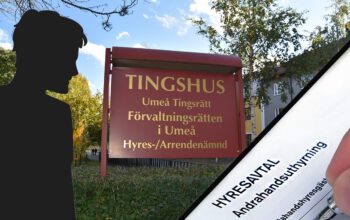 Montage med tre lager. Ett foto på hyresnämnden i Umeå, en silhuett och ett foto på ett andrahandskontrakt.