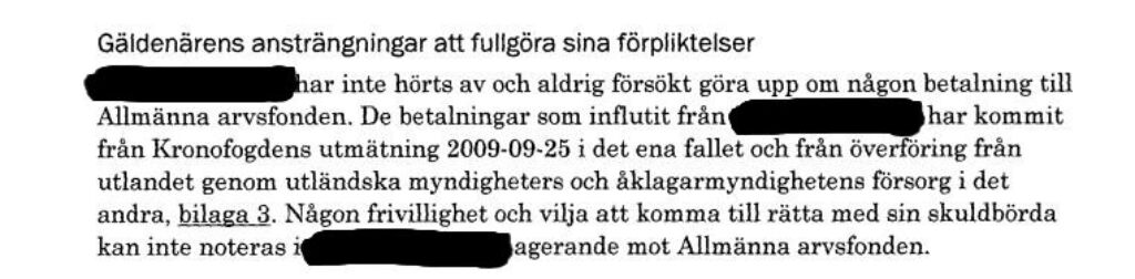 Bild av kommentar från Allmänna arvsfonden gällande skuldsanering av 